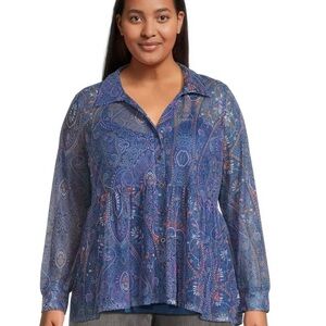 TERRA & SKY Womens Semi Sheer Top With Attached Cami Size 2X 20-22 Blue Pink New